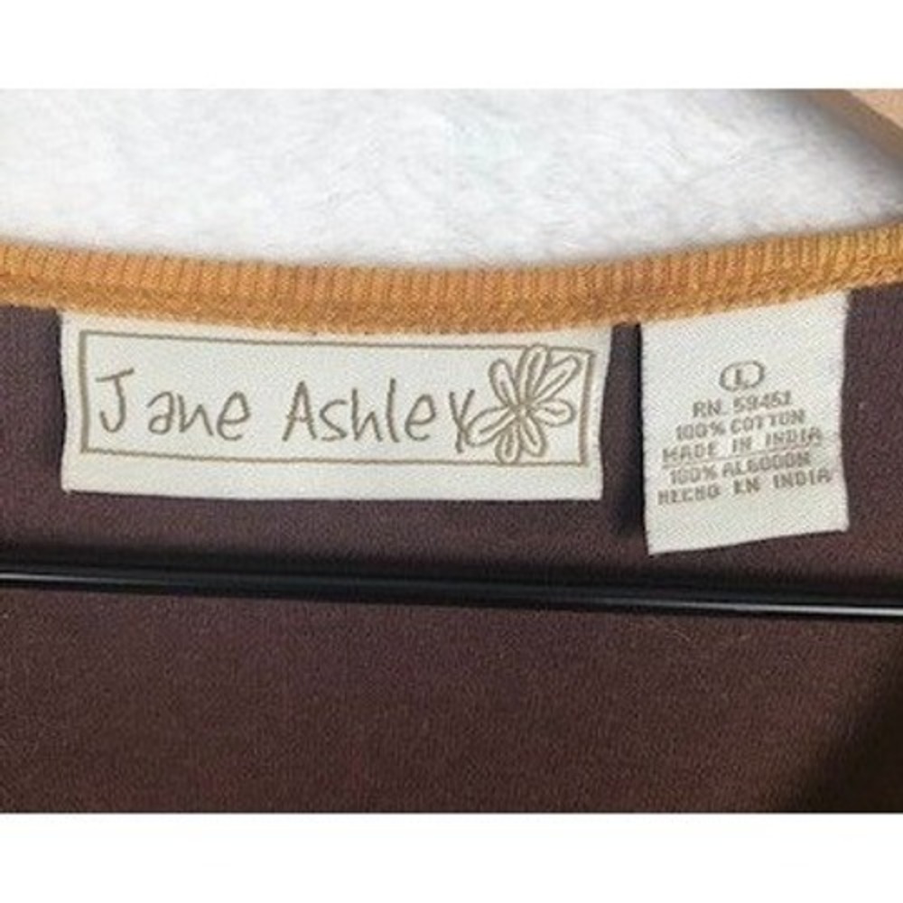 VTG JANE ASHLEY Art Nouveau Graphic Sequin Floral Cotton Top Sz L Brown Mustard - Picture 4 of 7